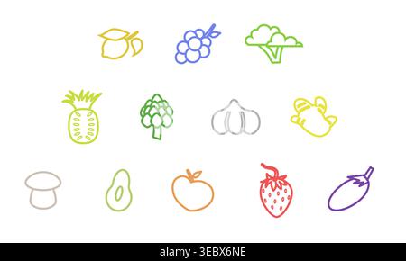 Minimal outline set of fruits and vegetables icons in colorful line style. Healthy food collection including apple, pineapple, broccoli, garlic, and m Stock Vector