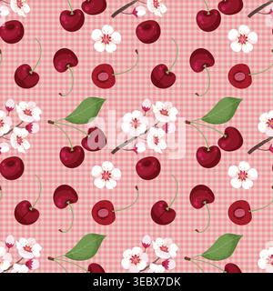 Juicy Sweet Cherry Seamless Pattern on Gingham Background. Cute Vector illustration in hand-drawn style. Stock Vector