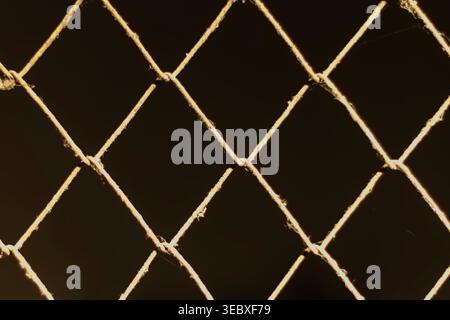 A clean, abstract photograph of the repeating diamond pattern of a chain link fence. The rusted metal wires are sharply defined by warm sunlight. Stock Photo