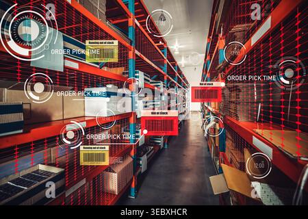 Smart warehouse management system using augmented reality technology to identify package picking and delivery . Future concept of supply chain and Stock Photo