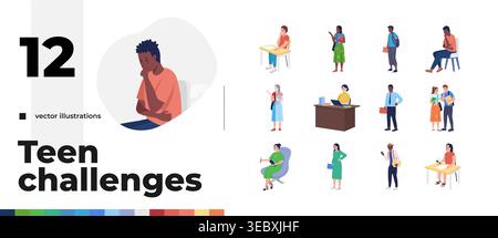 Diverse students and school staff in everyday poses cartoon flat illustrations bundle Stock Vector