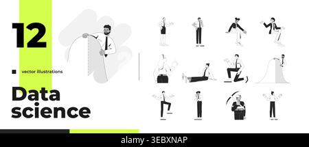 Diverse professionals doing analytical tasks outline illustrations bundle Stock Vector