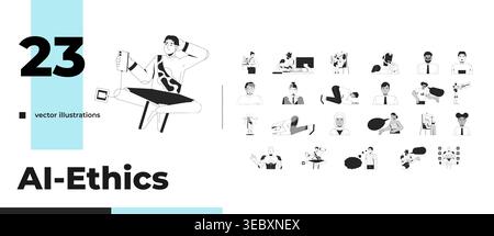 AI influence on human behavior and digital interaction outline illustrations bundle Stock Vector