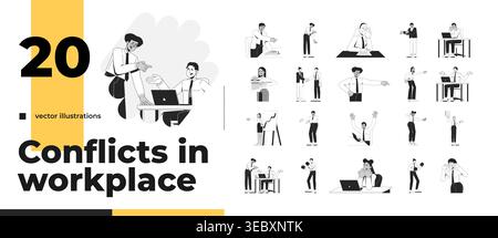Workplace conflict and office dispute outline illustrations bundle Stock Vector