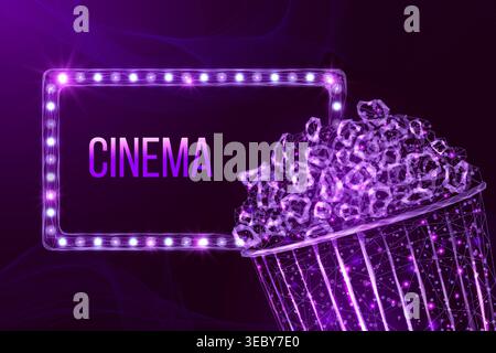 Pop corn wireframe and light billboard. Movie night poster template with glowing low poly tasty snack. Futuristic modern abstract. Isolated on dark Stock Vector