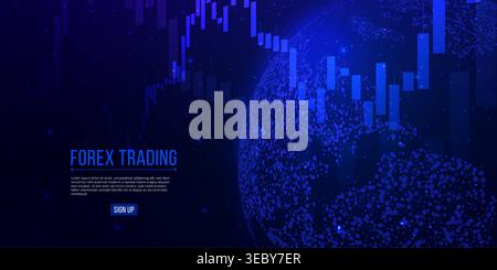 Forex trading banner. Candle stock graph chart with planet Earth. Stock market investment concepts. Global trading on blue background. Vector Stock Vector
