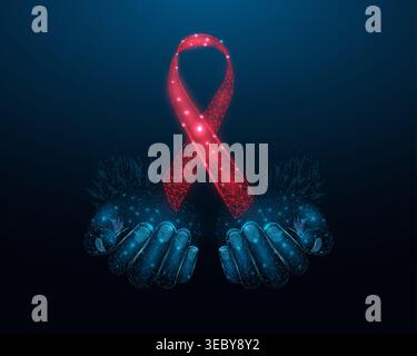 Two human hands are holds red ribbon awareness. blood cancer, heart disease, aids, alcohol dependence, tuberculosis. awareness month concept. Abstract Stock Vector