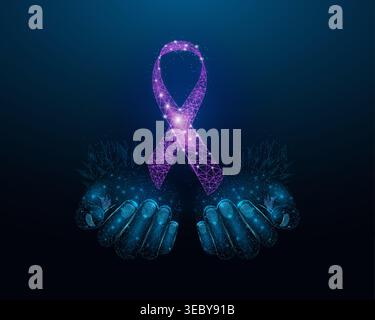 Two human hands are holds purple ribbon awareness. Wireframe glowing low poly. Bladder cancer, Alzheimers, Cystic Fibrosis, Lupus, Epilepsy, Domestic Stock Vector