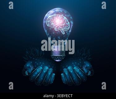 Two human hands are holds lightbulb with a plant. Saving energy ecology concept with glowing low poly plant in bulb. Futuristic modern abstract Stock Vector