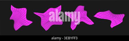 Set of distorted cyber grids. Cyberpunk geometry element y2k style. Isolated pink mesh on black background. Vector fashion illustration. Stock Vector