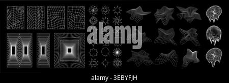 Cyber distorted grid, punk perspective rectangular tunnels and y2k psychedelic elements set. Grid geometry tunnel, elements on black background Stock Vector
