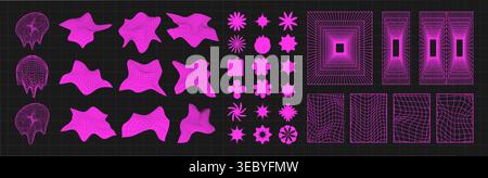Pink cyber distorted grid, punk perspective rectangular tunnels and y2k psychedelic elements set. Grid geometry tunnel, elements on black background Stock Vector