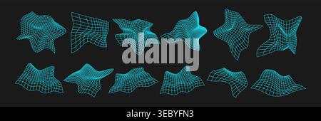 Cyber distorted grids, retro punk design elements set. Wireframe wave geometry mesh on black background. Vector illustration. Stock Vector