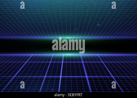 Grid perspective with glowing lines, futuristic digital space. Abstract bg wireframe floor pattern, retro game room atmosphere with neon accents on Stock Vector