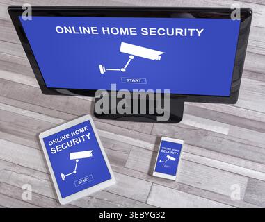 Online home security concept shown on different information technology devices Stock Photo