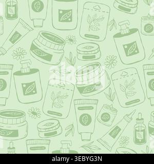 Natural Organic Cosmetics Seamless Pattern. Cream, Skincare Bottles and Herbal Elements Doodle on Green Background. Linear Hand Drawing. Vector Stock Vector
