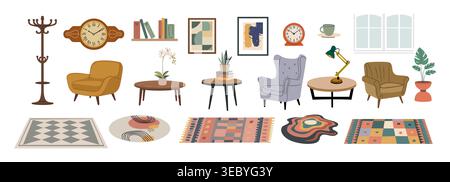 Collection of living room furniture and decor item Stock Vector