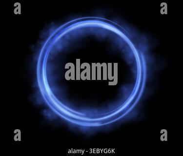 Glowing blue magic ring. Neon realistic energy flare halo ring. Abstract light effect on a black background. Vector illustration. Stock Vector