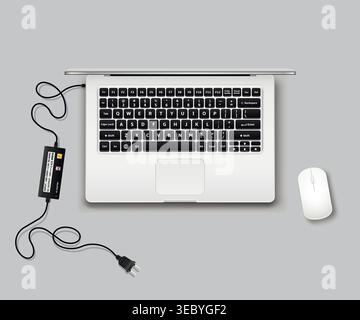 Laptop top view with computer mouse and charger unplugged. Vector illustration. Stock Vector