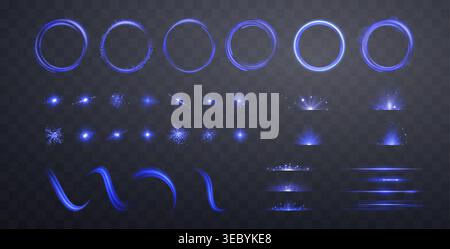 Blue lens flares, lines, flashes set. Spotlight with rays or and bokeh. Glow flare light effect. Isolated on transparent background. Vector Stock Vector