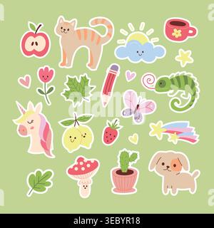 Kawaii sticker pack with cute animal and nature doodle element Stock Vector