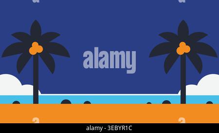 Beach flat illustration landscape with silhouette of two coconut trees on each side. Stock Vector