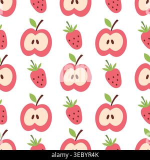 Seamless pattern with apple slice and strawberry in doodle style Stock Vector