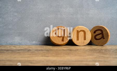 QNA Lowercase Wooden Blocks on Wood Surface Stock Photo