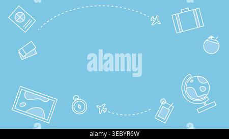 Blue horizontal background with outlined travel elements and some copy space for text, suitable for travel and vacation themed design materials. Stock Vector