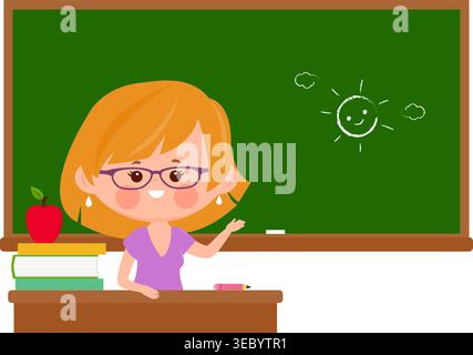 Happy teacher in the classroom sitting on her desk. Elementary school woman teaching in front of the class room chalkboard. Vector Illustration Stock Vector