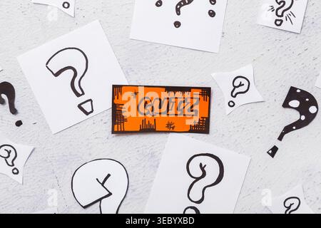 Quiz card with different question marks on white background Stock Photo