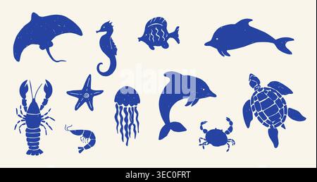 Linocut set featuring sea decoration, corals, and shells. Woodcut vintage marine silhouette print, summer nautical collection. Vector illustration Stock Vector
