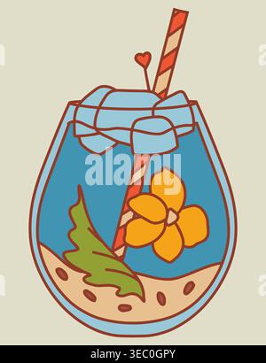 Blue tropical cocktail with flower decoration in glass, exotic summer drink Stock Vector