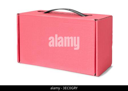 Pink blank carton packaging box with a handle isolated over white Stock Photo