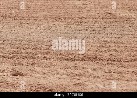 Sand background with hoof prints. Grains of sand. Footprints on the sand. Desert view. Hot summer. Weather forecast. Dry building material. Stock Photo
