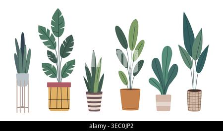 Hand drawn potted plants in varied shapes and pots Stock Vector