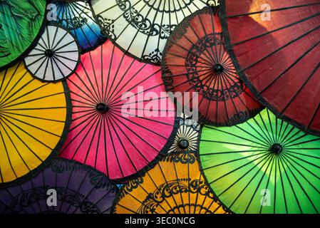 Display of colorful umbrellas in Burma, Myanmar Stock Photo