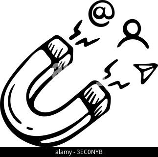 Lead generation magnet icon for attracting new customers. Hand drawn doodle illustration of a magnetic horseshoe pulling user profiles and emails. Stock Vector