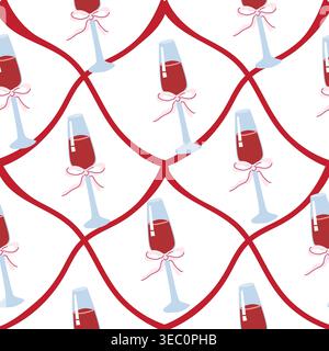 A seamless pattern with diagonal grid of champagne glasses with red bows in a flat cartoon style. Ideal for festive occasions, party invitations, and Stock Vector