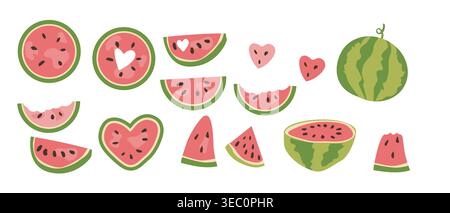 Setof watermelon in a cartoon flat style. Whole, sliced, and heart-shaped pieces of melon collection. Stock Vector