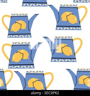 A seamless pattern of teapots featuring lemons in a Mediterranean garden style. Ideal for kitchen textiles, home decor, and culinary-themed products. Stock Vector