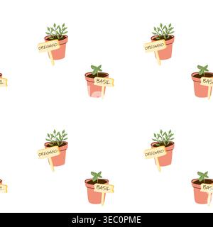 A seamless pattern of herb pots featuring basil and oregano labels. Ideal for kitchen textiles, gardening decor, and culinary-themed products. Perfect Stock Vector