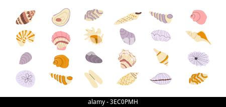 Set of seashell icons in a flat cartoon style. Collection of shells Conch, Scallop, Clam, Oyster, Mussel, Cockle, Whelk, Nautilus, Abalone, Cowrie, Au Stock Vector