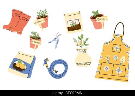 Set of gardening tools and herbs in cartoon flat style. Includes rubber boots, potted oregano, rosemary, basil, and gardening tools. Ideal for garden Stock Vector
