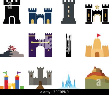 A colorful flat illustration set featuring various castle and fortress designs Stock Vector