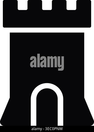 Simple illustration of a dark medieval stone tower with battlements and a rounded arched doorway at the base. Stock Vector