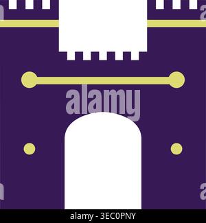 Simple illustration of a purple castle gate with battlements gold bar detail and a central arched opening. Stock Vector