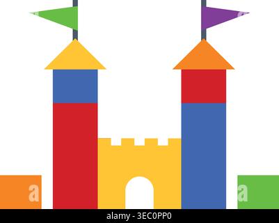 Simple illustration of a colorful toy castle with red and blue towers yellow walls and small flags on top. Stock Vector
