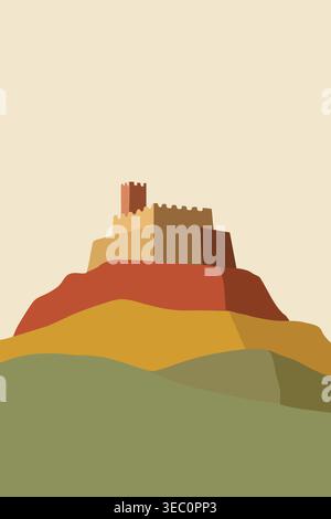 Simple illustration of a small desert fortress standing on a rocky mound above layered earth tones. Stock Vector