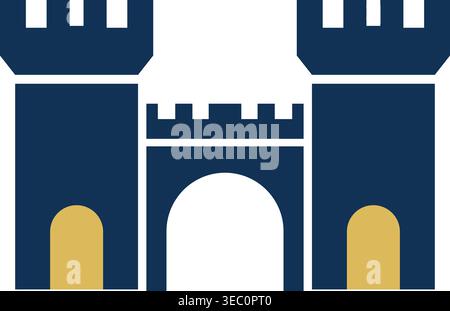 Simple illustration of a blue castle gate with twin side towers and a large central arched entrance. Stock Vector